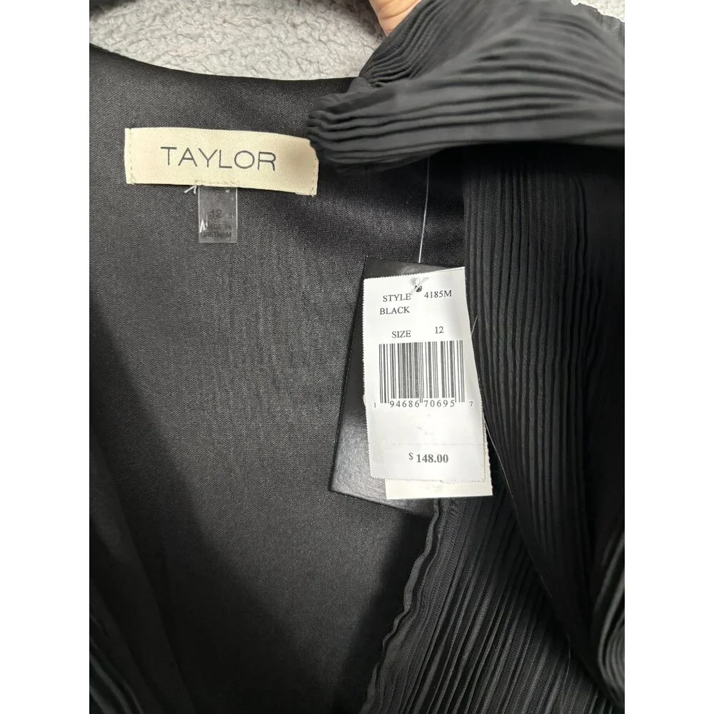 Taylor Women's Black Pleated Belted Fit & Flare Midi Chiffon Dress 12 NWT's. - Picture 7 of 8